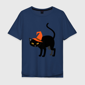 Мужская футболка хлопок Oversize с принтом Чёрный хэллоуинский котик в Белгороде, 100% хлопок | свободный крой, круглый ворот, “спинка” длиннее передней части | Тематика изображения на принте: 