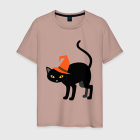 Мужская футболка хлопок с принтом Чёрный хэллоуинский котик в Тюмени, 100% хлопок | прямой крой, круглый вырез горловины, длина до линии бедер, слегка спущенное плечо. | 