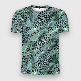 Мужская футболка 3D Slim с принтом Листья пальмы на леопардовом серо   зеленом фоне , 100% полиэстер с улучшенными характеристиками | приталенный силуэт, круглая горловина, широкие плечи, сужается к линии бедра | 