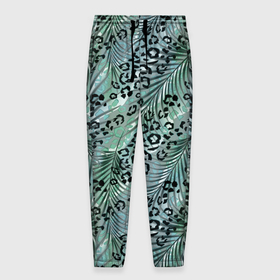 Мужские брюки 3D с принтом Листья пальмы на леопардовом серо   зеленом фоне в Тюмени, 100% полиэстер | манжеты по низу, эластичный пояс регулируется шнурком, по бокам два кармана без застежек, внутренняя часть кармана из мелкой сетки | Тематика изображения на принте: 