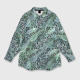 Мужская рубашка oversize 3D с принтом Листья пальмы на леопардовом серо   зеленом фоне ,  |  | 