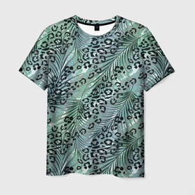 Мужская футболка 3D с принтом Листья пальмы на леопардовом серо   зеленом фоне в Петрозаводске, 100% полиэфир | прямой крой, круглый вырез горловины, длина до линии бедер | 