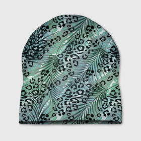 Шапка 3D с принтом Листья пальмы на леопардовом серо   зеленом фоне , 100% полиэстер | универсальный размер, печать по всей поверхности изделия | 