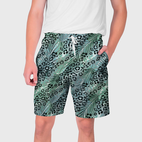 Мужские шорты 3D с принтом Листья пальмы на леопардовом серо   зеленом фоне ,  полиэстер 100% | прямой крой, два кармана без застежек по бокам. Мягкая трикотажная резинка на поясе, внутри которой широкие завязки. Длина чуть выше колен | 