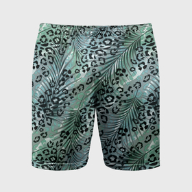 Мужские шорты спортивные с принтом Листья пальмы на леопардовом серо   зеленом фоне ,  |  | 