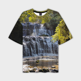 Мужская футболка oversize 3D с принтом Водопад, солнечные лучи и лес в Тюмени,  |  | Тематика изображения на принте: 