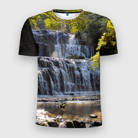 Мужская футболка 3D Slim с принтом Водопад, солнечные лучи и лес в Тюмени, 100% полиэстер с улучшенными характеристиками | приталенный силуэт, круглая горловина, широкие плечи, сужается к линии бедра | 