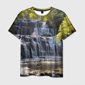 Мужская футболка 3D с принтом Водопад, солнечные лучи и лес в Санкт-Петербурге, 100% полиэфир | прямой крой, круглый вырез горловины, длина до линии бедер | Тематика изображения на принте: 