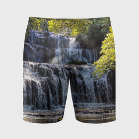 Мужские шорты спортивные с принтом Водопад, солнечные лучи и лес ,  |  | 