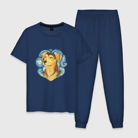 Мужская пижама хлопок с принтом Золотистая собака в стиле Ван Гога звёздная ночь в Тюмени, 100% хлопок | брюки и футболка прямого кроя, без карманов, на брюках мягкая резинка на поясе и по низу штанин
 | 