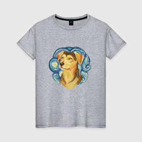 Женская футболка хлопок с принтом Золотистая собака в стиле Ван Гога звёздная ночь , 100% хлопок | прямой крой, круглый вырез горловины, длина до линии бедер, слегка спущенное плечо | 