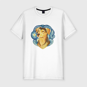 Мужская футболка хлопок Slim с принтом Золотистая собака в стиле Ван Гога звёздная ночь в Новосибирске, 92% хлопок, 8% лайкра | приталенный силуэт, круглый вырез ворота, длина до линии бедра, короткий рукав | 