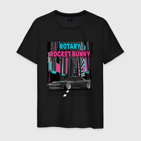 Мужская футболка хлопок с принтом Mazda RX7 Rotary Rocket Bunny в Тюмени, 100% хлопок | прямой крой, круглый вырез горловины, длина до линии бедер, слегка спущенное плечо. | Тематика изображения на принте: 