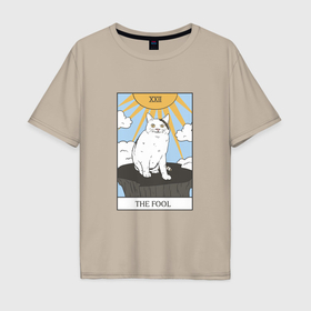 Мужская футболка хлопок Oversize с принтом Вежливый кот мем   Карта Таро дурак в Санкт-Петербурге, 100% хлопок | свободный крой, круглый ворот, “спинка” длиннее передней части | 