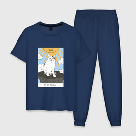 Мужская пижама хлопок с принтом Вежливый кот мем   Карта Таро дурак в Екатеринбурге, 100% хлопок | брюки и футболка прямого кроя, без карманов, на брюках мягкая резинка на поясе и по низу штанин
 | 
