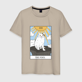 Мужская футболка хлопок с принтом Вежливый кот мем   Карта Таро дурак в Санкт-Петербурге, 100% хлопок | прямой крой, круглый вырез горловины, длина до линии бедер, слегка спущенное плечо. | 