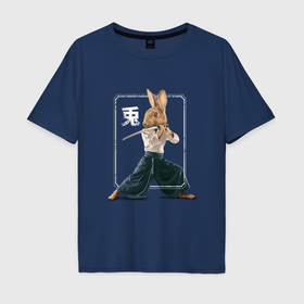 Мужская футболка хлопок Oversize с принтом Японский кролик самурай с катаной в Санкт-Петербурге, 100% хлопок | свободный крой, круглый ворот, “спинка” длиннее передней части | 