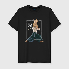 Мужская футболка хлопок Slim с принтом Японский кролик самурай с катаной в Курске, 92% хлопок, 8% лайкра | приталенный силуэт, круглый вырез ворота, длина до линии бедра, короткий рукав | 