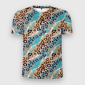 Мужская футболка 3D Slim с принтом Леопардовый узор на синих и бежевых диагональных полосах в Санкт-Петербурге, 100% полиэстер с улучшенными характеристиками | приталенный силуэт, круглая горловина, широкие плечи, сужается к линии бедра | 