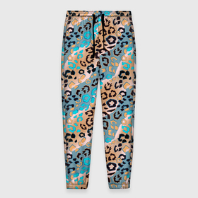 Мужские брюки 3D с принтом Леопардовый узор на синих и бежевых диагональных полосах в Екатеринбурге, 100% полиэстер | манжеты по низу, эластичный пояс регулируется шнурком, по бокам два кармана без застежек, внутренняя часть кармана из мелкой сетки | 