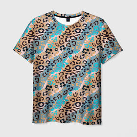 Мужская футболка 3D с принтом Леопардовый узор на синих и бежевых диагональных полосах в Екатеринбурге, 100% полиэфир | прямой крой, круглый вырез горловины, длина до линии бедер | 