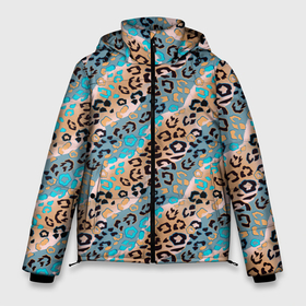 Мужская зимняя куртка 3D с принтом Леопардовый узор на синих и бежевых диагональных полосах в Екатеринбурге, верх — 100% полиэстер; подкладка — 100% полиэстер; утеплитель — 100% полиэстер | длина ниже бедра, свободный силуэт Оверсайз. Есть воротник-стойка, отстегивающийся капюшон и ветрозащитная планка. 

Боковые карманы с листочкой на кнопках и внутренний карман на молнии. | Тематика изображения на принте: 