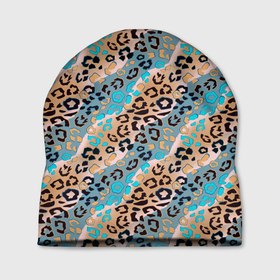 Шапка 3D с принтом Леопардовый узор на синих и бежевых диагональных полосах в Екатеринбурге, 100% полиэстер | универсальный размер, печать по всей поверхности изделия | 