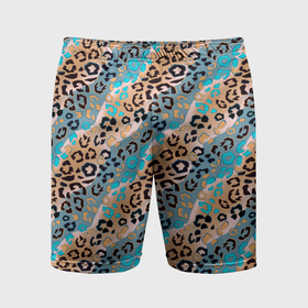 Мужские шорты спортивные с принтом Леопардовый узор на синих и бежевых диагональных полосах в Рязани,  |  | 