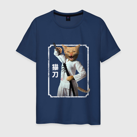 Мужская футболка хлопок с принтом Японский кот самурай с катаной , 100% хлопок | прямой крой, круглый вырез горловины, длина до линии бедер, слегка спущенное плечо. | 