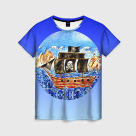 Женская футболка 3D с принтом Рисунок пиратского корабля в Кировске, 100% полиэфир ( синтетическое хлопкоподобное полотно) | прямой крой, круглый вырез горловины, длина до линии бедер | 