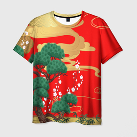 Мужская футболка 3D с принтом Японский пейзаж на красном в Курске, 100% полиэфир | прямой крой, круглый вырез горловины, длина до линии бедер | 