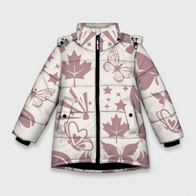 Зимняя куртка для девочек 3D с принтом Бабочка лист  на розовом фоне в Тюмени, ткань верха — 100% полиэстер; подклад — 100% полиэстер, утеплитель — 100% полиэстер. | длина ниже бедра, удлиненная спинка, воротник стойка и отстегивающийся капюшон. Есть боковые карманы с листочкой на кнопках, утяжки по низу изделия и внутренний карман на молнии. 

Предусмотрены светоотражающий принт на спинке, радужный светоотражающий элемент на пуллере молнии и на резинке для утяжки. | 