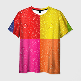 Мужская футболка 3D с принтом Капли дождя на цветных подложках   паттерн в Санкт-Петербурге, 100% полиэфир | прямой крой, круглый вырез горловины, длина до линии бедер | Тематика изображения на принте: 