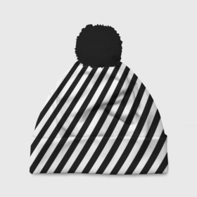 Шапка 3D c помпоном с принтом Черно белые полоски в Тюмени, 100% полиэстер | универсальный размер, печать по всей поверхности изделия | 