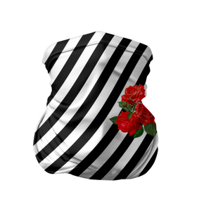 Бандана-труба 3D с принтом Черно белые полоски с букетом роз в Тюмени, 100% полиэстер, ткань с особыми свойствами — Activecool | плотность 150‒180 г/м2; хорошо тянется, но сохраняет форму | Тематика изображения на принте: 