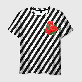 Мужская футболка 3D с принтом Черно белые полоски с букетом роз в Санкт-Петербурге, 100% полиэфир | прямой крой, круглый вырез горловины, длина до линии бедер | 