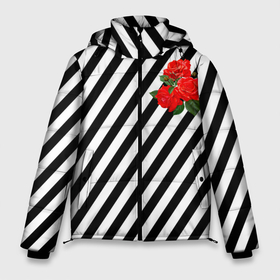 Мужская зимняя куртка 3D с принтом Черно белые полоски с букетом роз в Курске, верх — 100% полиэстер; подкладка — 100% полиэстер; утеплитель — 100% полиэстер | длина ниже бедра, свободный силуэт Оверсайз. Есть воротник-стойка, отстегивающийся капюшон и ветрозащитная планка. 

Боковые карманы с листочкой на кнопках и внутренний карман на молнии. | Тематика изображения на принте: 
