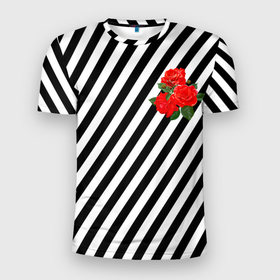 Мужская футболка 3D Slim с принтом Черно белые полоски с букетом роз в Тюмени, 100% полиэстер с улучшенными характеристиками | приталенный силуэт, круглая горловина, широкие плечи, сужается к линии бедра | Тематика изображения на принте: 