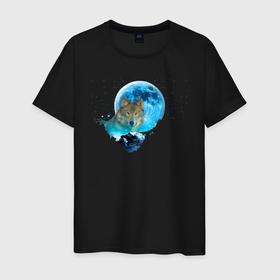 Мужская футболка хлопок с принтом Волк на фоне голубой луны в Тюмени, 100% хлопок | прямой крой, круглый вырез горловины, длина до линии бедер, слегка спущенное плечо. | Тематика изображения на принте: 