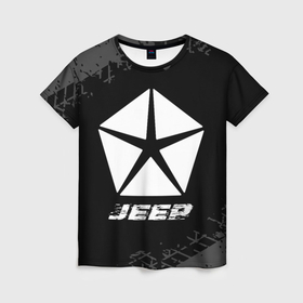 Женская футболка 3D с принтом Jeep speed на темном фоне со следами шин в Санкт-Петербурге, 100% полиэфир ( синтетическое хлопкоподобное полотно) | прямой крой, круглый вырез горловины, длина до линии бедер | 
