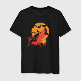 Мужская футболка хлопок с принтом Вой на оранжевую луну в Тюмени, 100% хлопок | прямой крой, круглый вырез горловины, длина до линии бедер, слегка спущенное плечо. | Тематика изображения на принте: 