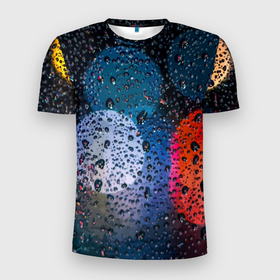 Мужская футболка 3D Slim с принтом Разноцветные огни сквозь дождевое стекло в Петрозаводске, 100% полиэстер с улучшенными характеристиками | приталенный силуэт, круглая горловина, широкие плечи, сужается к линии бедра | 