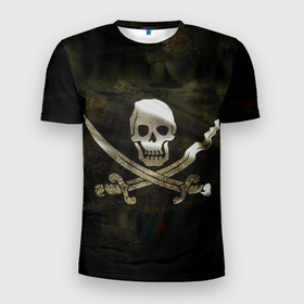 Мужская футболка 3D Slim с принтом Пиратский флаг   череп с ножами в Белгороде, 100% полиэстер с улучшенными характеристиками | приталенный силуэт, круглая горловина, широкие плечи, сужается к линии бедра | 