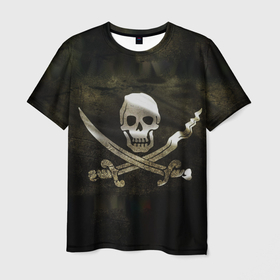 Мужская футболка 3D с принтом Пиратский флаг   череп с ножами , 100% полиэфир | прямой крой, круглый вырез горловины, длина до линии бедер | 