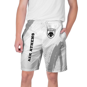Мужские шорты 3D с принтом AEK Athens sport на светлом фоне: надпись, символ в Тюмени,  полиэстер 100% | прямой крой, два кармана без застежек по бокам. Мягкая трикотажная резинка на поясе, внутри которой широкие завязки. Длина чуть выше колен | 