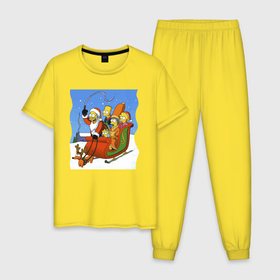 Мужская пижама хлопок с принтом Новогодняя семейка Симпсонов в санях запряженных собакой в Белгороде, 100% хлопок | брюки и футболка прямого кроя, без карманов, на брюках мягкая резинка на поясе и по низу штанин
 | 