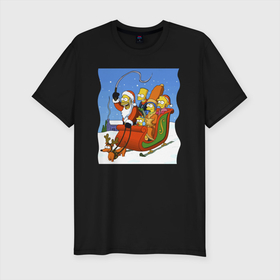 Мужская футболка хлопок Slim с принтом Новогодняя семейка Симпсонов в санях запряженных собакой в Кировске, 92% хлопок, 8% лайкра | приталенный силуэт, круглый вырез ворота, длина до линии бедра, короткий рукав | 