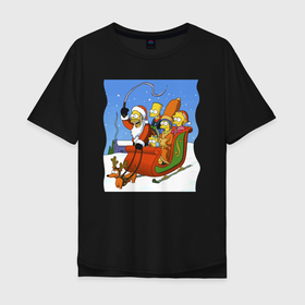 Мужская футболка хлопок Oversize с принтом Новогодняя семейка Симпсонов в санях запряженных собакой в Белгороде, 100% хлопок | свободный крой, круглый ворот, “спинка” длиннее передней части | 