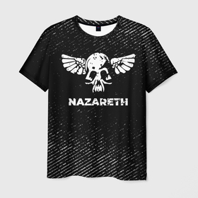 Мужская футболка 3D с принтом Nazareth с потертостями на темном фоне в Новосибирске, 100% полиэфир | прямой крой, круглый вырез горловины, длина до линии бедер | 