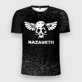 Мужская футболка 3D Slim с принтом Nazareth с потертостями на темном фоне в Петрозаводске, 100% полиэстер с улучшенными характеристиками | приталенный силуэт, круглая горловина, широкие плечи, сужается к линии бедра | 